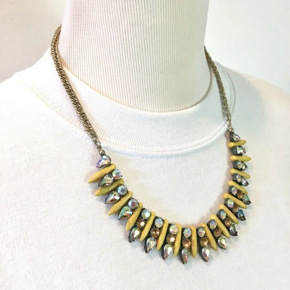 Rhinestone Necklace 21 Inch Gold Tone Chain Yellow Spike Statement Necklace